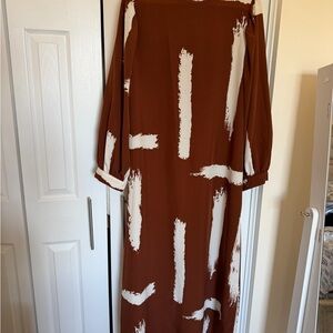 Women's Maxi Brown and Cream Patterned Long Sleeve Dress